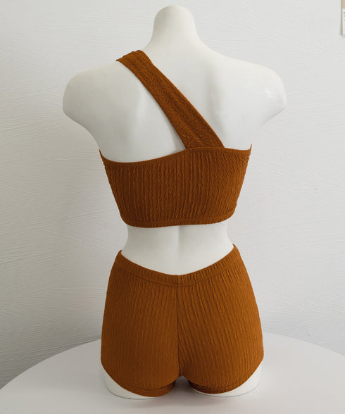 レディース 水着3点セット 盛れるみずぎ ワンショルダー水着 ビキニ 総柄パレオ ショートパンツ セクシー セパレート水着 巻きスカート スイムウェアビスチェ水着 80MIAOMIAO-006