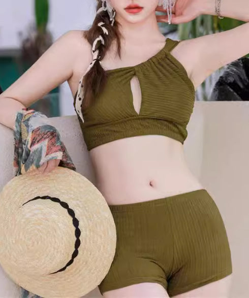 レディース 水着3点セット 盛れるみずぎ ワンショルダー水着 ビキニ 総柄パレオ ショートパンツ セクシー セパレート水着 巻きスカート スイムウェアビスチェ水着 80MIAOMIAO-006