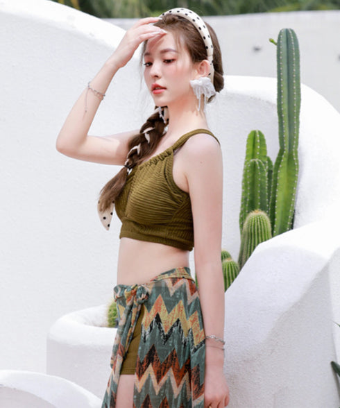 レディース 水着3点セット 盛れるみずぎ ワンショルダー水着 ビキニ 総柄パレオ ショートパンツ セクシー セパレート水着 巻きスカート スイムウェアビスチェ水着 80MIAOMIAO-006