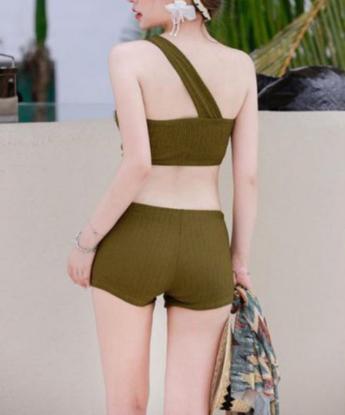 レディース 水着3点セット 盛れるみずぎ ワンショルダー水着 ビキニ 総柄パレオ ショートパンツ セクシー セパレート水着 巻きスカート スイムウェアビスチェ水着 80MIAOMIAO-006