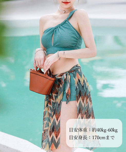 レディース 水着3点セット 盛れるみずぎ ワンショルダー水着 ビキニ 総柄パレオ ショートパンツ セクシー セパレート水着 巻きスカート スイムウェアビスチェ水着 80MIAOMIAO-006