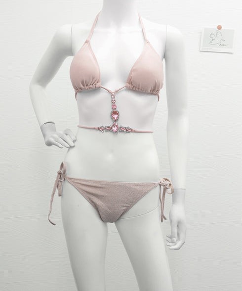 ビキニ水着3点セット ビジュー付き水着 ホルターネック三角ビキニ サイドリボンビキニショーツ パレオ 水着セット セクシー胸元 盛れるスイムウェア 背中見せ水着 80MIAOMIAO-007