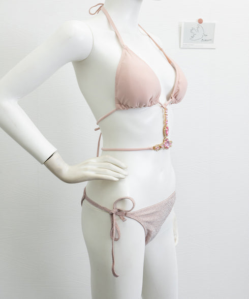 ビキニ水着3点セット ビジュー付き水着 ホルターネック三角ビキニ サイドリボンビキニショーツ パレオ 水着セット セクシー胸元 盛れるスイムウェア 背中見せ水着 80MIAOMIAO-007