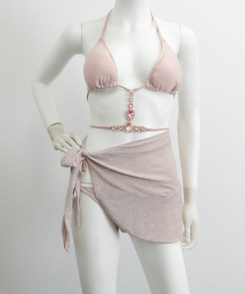 ビキニ水着3点セット ビジュー付き水着 ホルターネック三角ビキニ サイドリボンビキニショーツ パレオ 水着セット セクシー胸元 盛れるスイムウェア 背中見せ水着 80MIAOMIAO-007