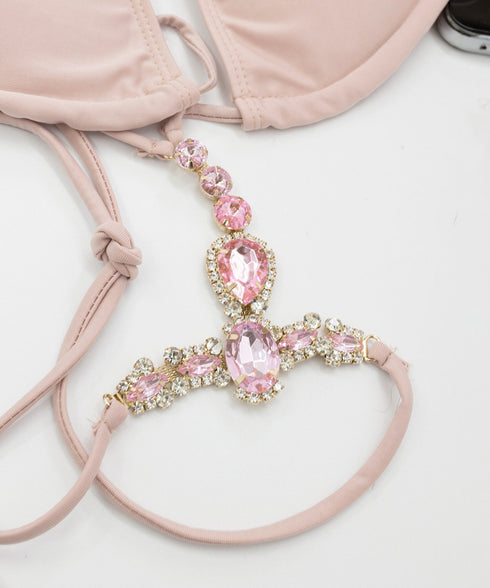 ビキニ水着3点セット ビジュー付き水着 ホルターネック三角ビキニ サイドリボンビキニショーツ パレオ 水着セット セクシー胸元 盛れるスイムウェア 背中見せ水着 80MIAOMIAO-007