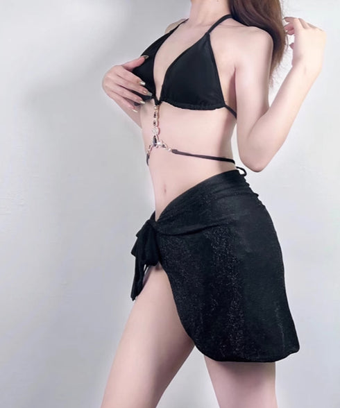 ビキニ水着3点セット ビジュー付き水着 ホルターネック三角ビキニ サイドリボンビキニショーツ パレオ 水着セット セクシー胸元 盛れるスイムウェア 背中見せ水着 80MIAOMIAO-007