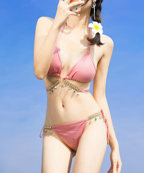 ビキニ セクシー水着3点セットレディース クロスビキニ パレオ付き ホルターネック ビーチウェア おしゃれ ビジュー付き水着 大人可愛い リボン紐ビキニ 海プール 80MIAOMIAO-008