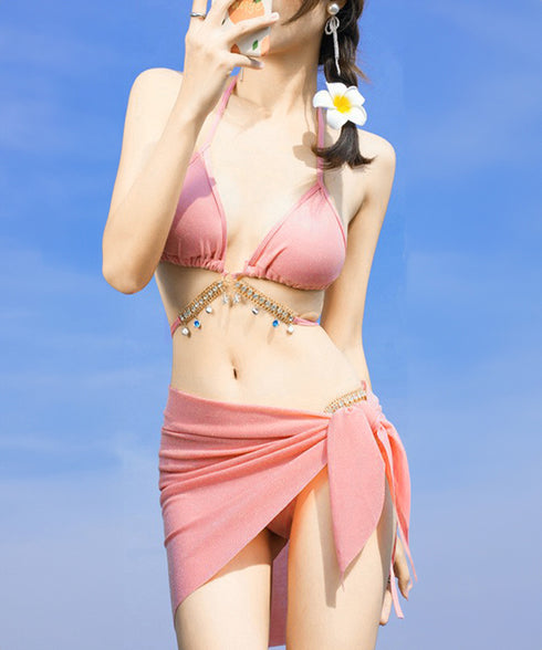 ビキニ セクシー水着3点セットレディース クロスビキニ パレオ付き ホルターネック ビーチウェア おしゃれ ビジュー付き水着 大人可愛い リボン紐ビキニ 海プール 80MIAOMIAO-008