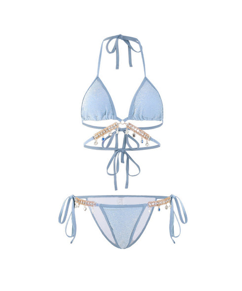 ビキニ セクシー水着3点セットレディース クロスビキニ パレオ付き ホルターネック ビーチウェア おしゃれ ビジュー付き水着 大人可愛い リボン紐ビキニ 海プール 80MIAOMIAO-008