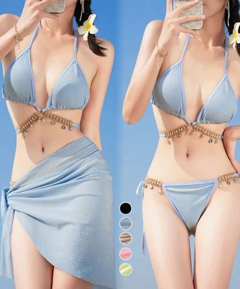 ビキニ セクシー水着3点セットレディース クロスビキニ パレオ付き ホルターネック ビーチウェア おしゃれ ビジュー付き水着 大人可愛い リボン紐ビキニ 海プール 80MIAOMIAO-008