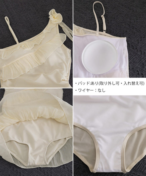 フリルワンピース水着レディース体型カバー ワンショルダーフリル水着お腹カバー 温泉 リボンスイムウェア 大人可愛い 露出控えめ水着 夏海プール着やせ Y2K風水着 80MIAOMIAO-010