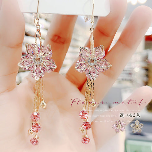 韓国風 花モチーフ フックピアス 女性 ぶら下がり ロングピアス ラインストーン 揺れるピアス レディース きれいめ アクセサリー おしゃれ 華奢ピアス 春夏 80MINGHANG-001
