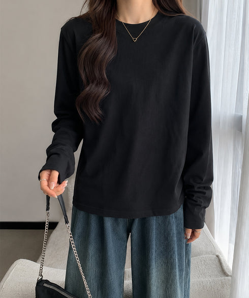 長袖TシャツカットソークルーネックロンT レディース韓国風カットソー 重ね着インナー 万能トップス 定番無地tシャツ着回し シンプル 春秋服 コットンプルオーバー 80MXX-002
