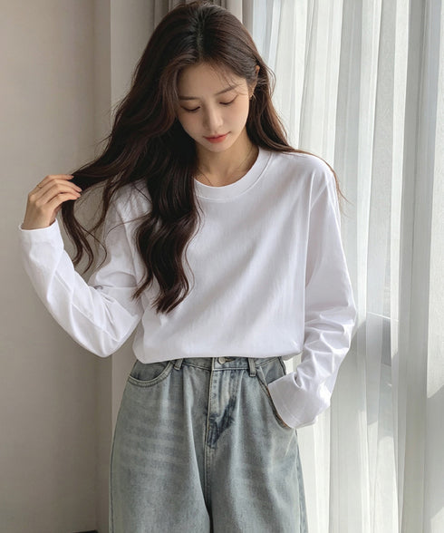 長袖TシャツカットソークルーネックロンT レディース韓国風カットソー 重ね着インナー 万能トップス 定番無地tシャツ着回し シンプル 春秋服 コットンプルオーバー 80MXX-002