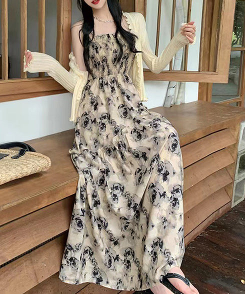 花柄 キャミワンピース 胸元シャーリング Aラインワンピース レディース ハイウエストロングワンピース 大人可愛い 10代20代30代 リゾートワンピース 着やせ 80MYI-001