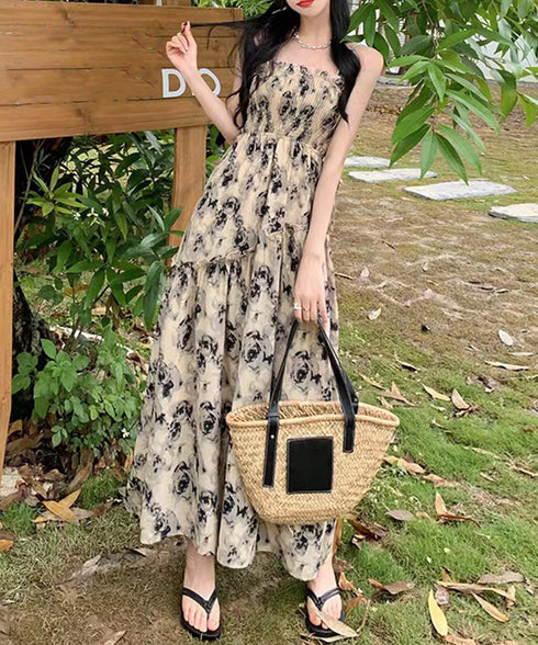 花柄 キャミワンピース 胸元シャーリング Aラインワンピース レディース ハイウエストロングワンピース 大人可愛い 10代20代30代 リゾートワンピース 着やせ 80MYI-001