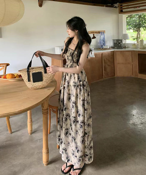 花柄 キャミワンピース 胸元シャーリング Aラインワンピース レディース ハイウエストロングワンピース 大人可愛い 10代20代30代 リゾートワンピース 着やせ 80MYI-001
