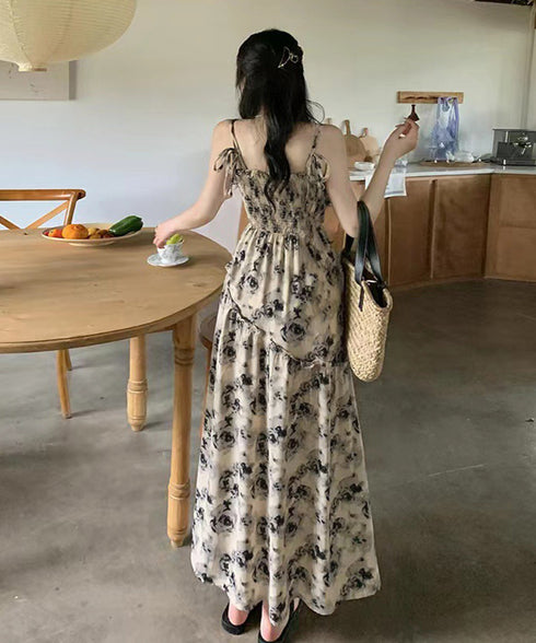 花柄 キャミワンピース 胸元シャーリング Aラインワンピース レディース ハイウエストロングワンピース 大人可愛い 10代20代30代 リゾートワンピース 着やせ 80MYI-001