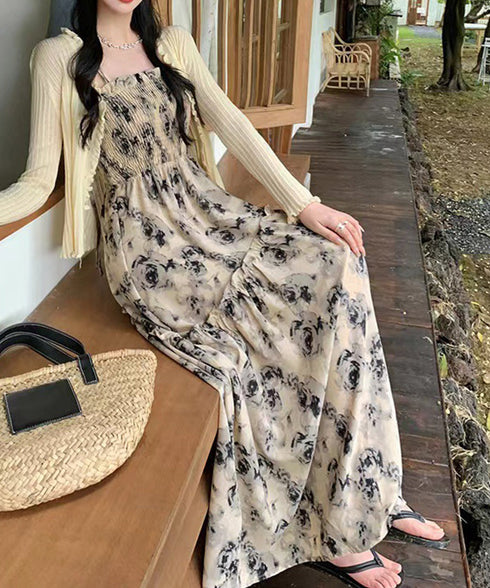 花柄 キャミワンピース 胸元シャーリング Aラインワンピース レディース ハイウエストロングワンピース 大人可愛い 10代20代30代 リゾートワンピース 着やせ 80MYI-001