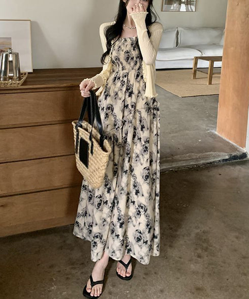 花柄 キャミワンピース 胸元シャーリング Aラインワンピース レディース ハイウエストロングワンピース 大人可愛い 10代20代30代 リゾートワンピース 着やせ 80MYI-001