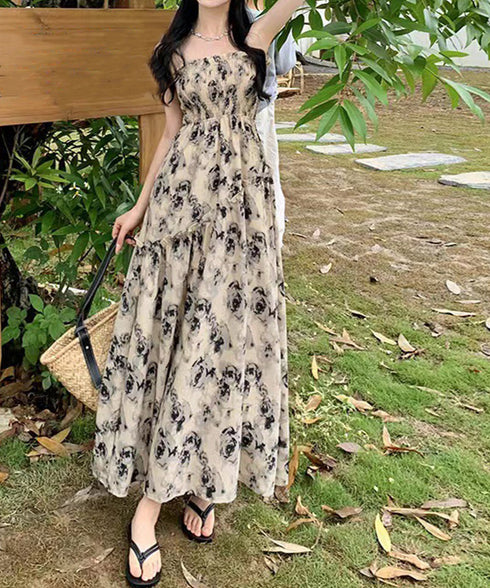 花柄 キャミワンピース 胸元シャーリング Aラインワンピース レディース ハイウエストロングワンピース 大人可愛い 10代20代30代 リゾートワンピース 着やせ 80MYI-001