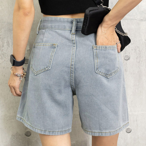 デニム ショートパンツ レディース韓国風 ハイウエスト ショーパン デニムワイドパンツ 春夏秋 ホットパンツ ゆったり ロールアップ 短パン カジュアル ボトムス 80NNYS-001