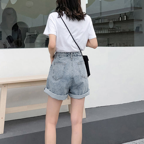 デニム ショートパンツ レディース韓国風 ハイウエスト ショーパン デニムワイドパンツ 春夏秋 ホットパンツ ゆったり ロールアップ 短パン カジュアル ボトムス 80NNYS-001