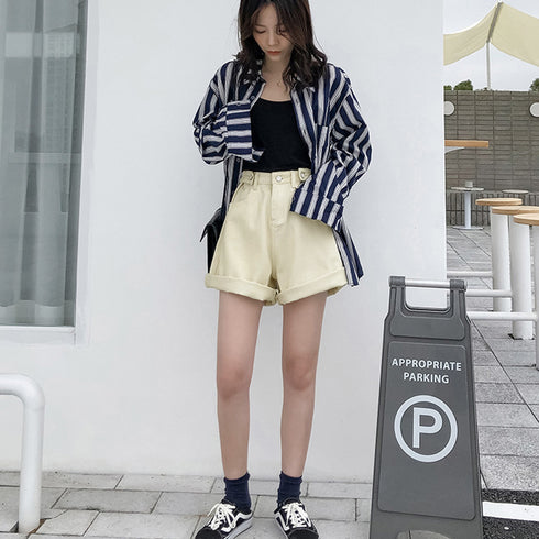 デニム ショートパンツ レディース韓国風 ハイウエスト ショーパン デニムワイドパンツ 春夏秋 ホットパンツ ゆったり ロールアップ 短パン カジュアル ボトムス 80NNYS-001