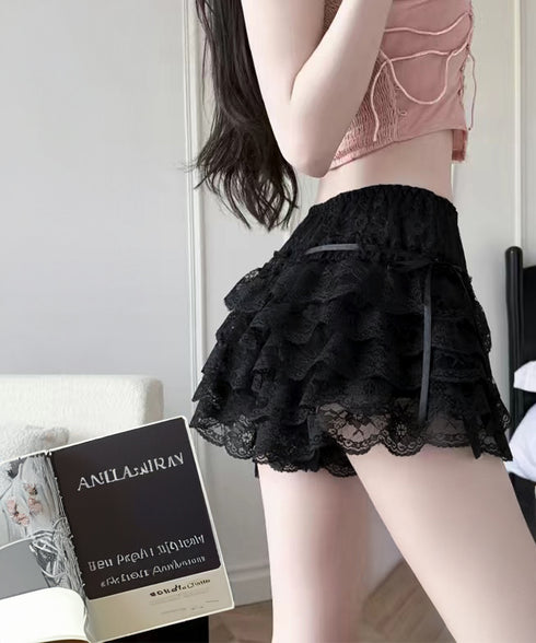 5段レース付きペチコート ティアード下着 透け防止フリルインナーパンツ チラ見せ防止タップパンツ ウエストゴムショートパンツ 総レース 楽ちん部屋着 涼しい寝間着 80NUOL-001