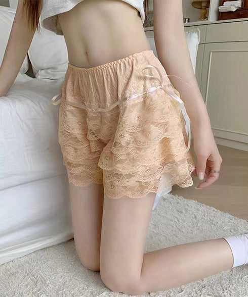 5段レース付きペチコート ティアード下着 透け防止フリルインナーパンツ チラ見せ防止タップパンツ ウエストゴムショートパンツ 総レース 楽ちん部屋着 涼しい寝間着 80NUOL-001