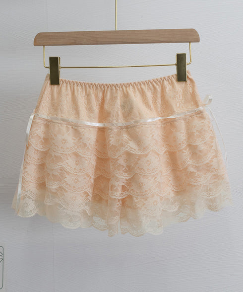 5段レース付きペチコート ティアード下着 透け防止フリルインナーパンツ チラ見せ防止タップパンツ ウエストゴムショートパンツ 総レース 楽ちん部屋着 涼しい寝間着 80NUOL-001