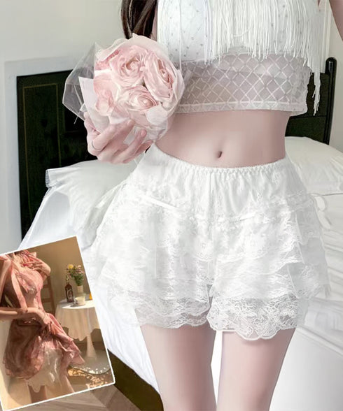 5段レース付きペチコート ティアード下着 透け防止フリルインナーパンツ チラ見せ防止タップパンツ ウエストゴムショートパンツ 総レース 楽ちん部屋着 涼しい寝間着 80NUOL-001