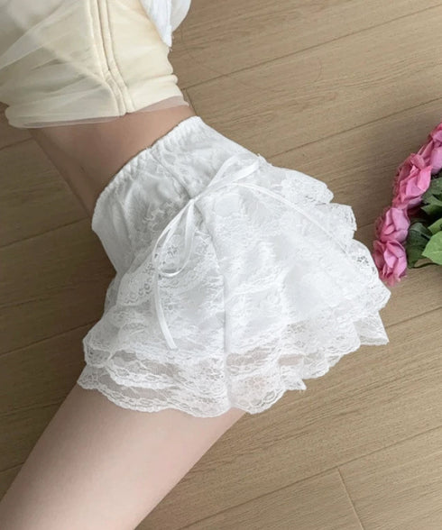 5段レース付きペチコート ティアード下着 透け防止フリルインナーパンツ チラ見せ防止タップパンツ ウエストゴムショートパンツ 総レース 楽ちん部屋着 涼しい寝間着 80NUOL-001