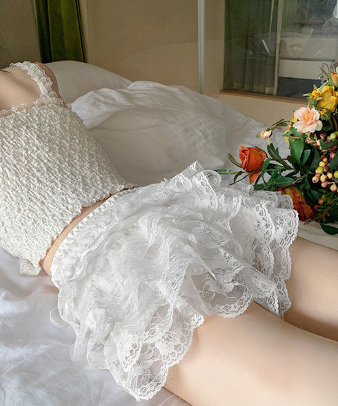 5段レース付きペチコート ティアード下着 透け防止フリルインナーパンツ チラ見せ防止タップパンツ ウエストゴムショートパンツ 総レース 楽ちん部屋着 涼しい寝間着 80NUOL-001