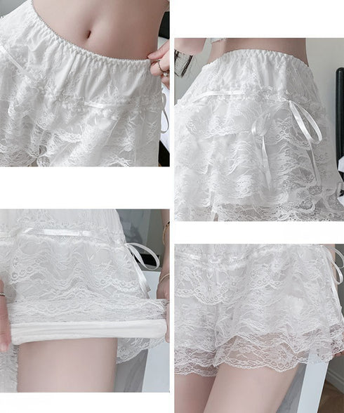 5段レース付きペチコート ティアード下着 透け防止フリルインナーパンツ チラ見せ防止タップパンツ ウエストゴムショートパンツ 総レース 楽ちん部屋着 涼しい寝間着 80NUOL-001