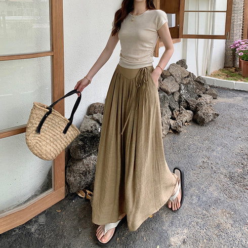 とろみパンツ レディース 綿麻スカンツ夏 ワイドパンツ 春夏秋 きれいめ ガウチョパンツ リネン ハイウエスト フレアパンツ 薄手 ロングパンツ ナチュラル 韓国 80OUML-001