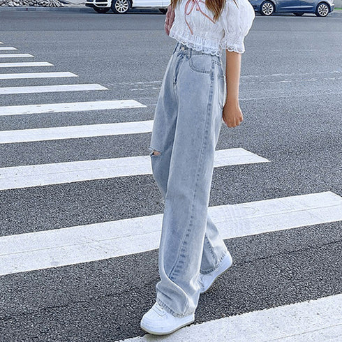 デニムストレートパンツ ダメージジーンス レディース ゆったり デニムワイドパンツ ハイウエスト ジーパン オシャレ カジュアルロングパンツ 脚長ボトムス 春秋夏 80PAISH-001