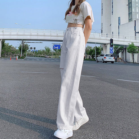 デニムストレートパンツ ダメージジーンス レディース ゆったり デニムワイドパンツ ハイウエスト ジーパン オシャレ カジュアルロングパンツ 脚長ボトムス 春秋夏 80PAISH-001