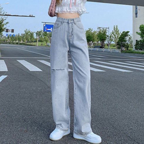 デニムストレートパンツ ダメージジーンス レディース ゆったり デニムワイドパンツ ハイウエスト ジーパン オシャレ カジュアルロングパンツ 脚長ボトムス 春秋夏 80PAISH-001