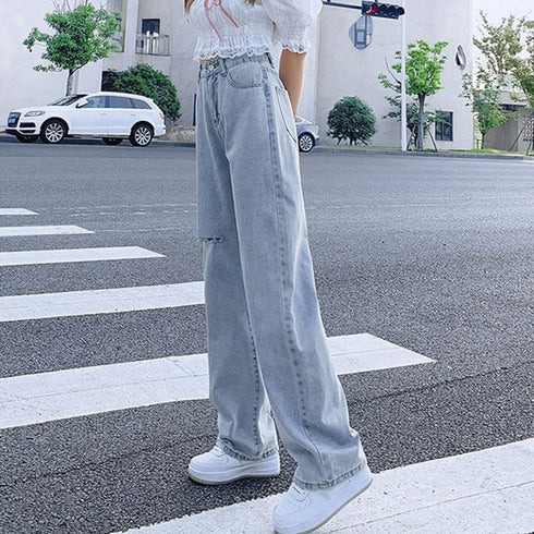 デニムストレートパンツ ダメージジーンス レディース ゆったり デニムワイドパンツ ハイウエスト ジーパン オシャレ カジュアルロングパンツ 脚長ボトムス 春秋夏 80PAISH-001