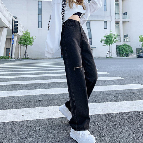 デニムストレートパンツ ダメージジーンス レディース ゆったり デニムワイドパンツ ハイウエスト ジーパン オシャレ カジュアルロングパンツ 脚長ボトムス 春秋夏 80PAISH-001