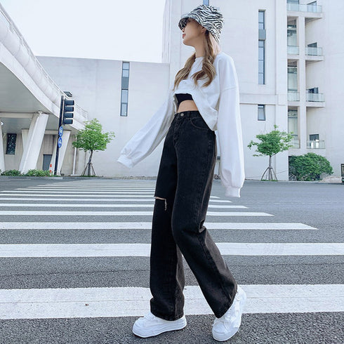 デニムストレートパンツ ダメージジーンス レディース ゆったり デニムワイドパンツ ハイウエスト ジーパン オシャレ カジュアルロングパンツ 脚長ボトムス 春秋夏 80PAISH-001