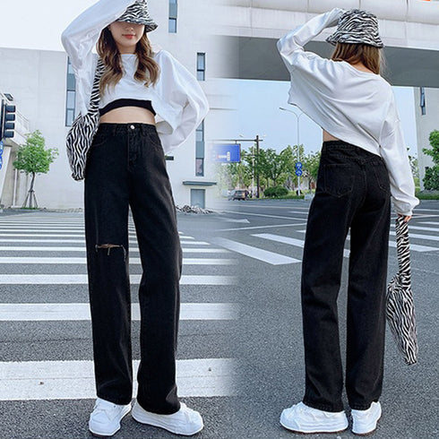 デニムストレートパンツ ダメージジーンス レディース ゆったり デニムワイドパンツ ハイウエスト ジーパン オシャレ カジュアルロングパンツ 脚長ボトムス 春秋夏 80PAISH-001