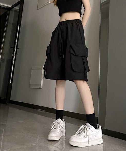 カーゴショートパンツ 5分丈ハーフパンツ レディース ハイウエスト半ズボン ゆったり 薄手短パン ウエストゴムジョガーパンツ カジュアルイージーパンツ 体型カバー 80PFA-001