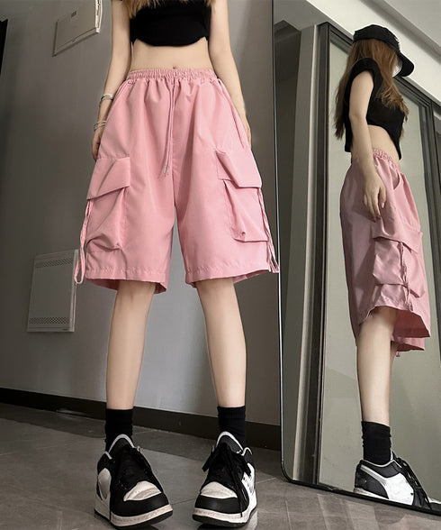 カーゴショートパンツ 5分丈ハーフパンツ レディース ハイウエスト半ズボン ゆったり 薄手短パン ウエストゴムジョガーパンツ カジュアルイージーパンツ 体型カバー 80PFA-001