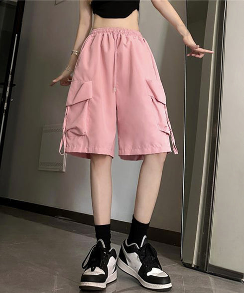 カーゴショートパンツ 5分丈ハーフパンツ レディース ハイウエスト半ズボン ゆったり 薄手短パン ウエストゴムジョガーパンツ カジュアルイージーパンツ 体型カバー 80PFA-001