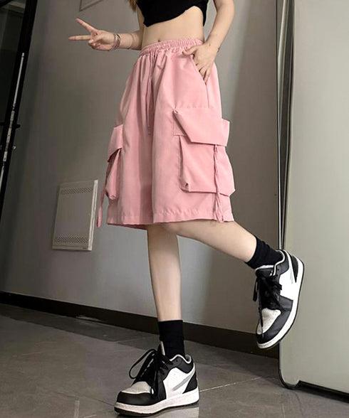 カーゴショートパンツ 5分丈ハーフパンツ レディース ハイウエスト半ズボン ゆったり 薄手短パン ウエストゴムジョガーパンツ カジュアルイージーパンツ 体型カバー 80PFA-001