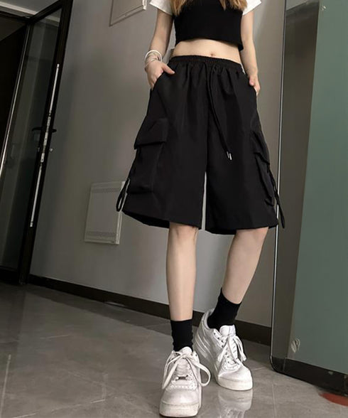 カーゴショートパンツ 5分丈ハーフパンツ レディース ハイウエスト半ズボン ゆったり 薄手短パン ウエストゴムジョガーパンツ カジュアルイージーパンツ 体型カバー 80PFA-001