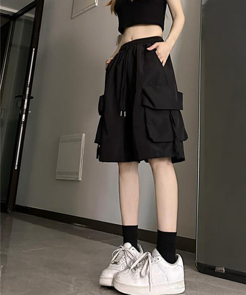 カーゴショートパンツ 5分丈ハーフパンツ レディース ハイウエスト半ズボン ゆったり 薄手短パン ウエストゴムジョガーパンツ カジュアルイージーパンツ 体型カバー 80PFA-001