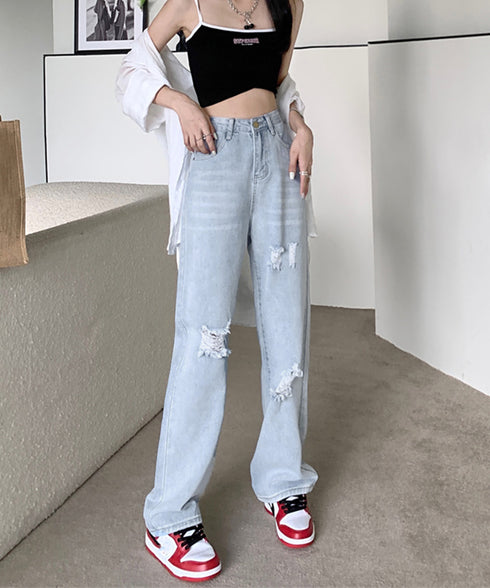 ワイド デニムパンツ ダメージ加工脚長 ハイウエスト ストレートパンツ レディース おしゃれ カジュアル ジーパン 着やせ 春夏 ロングパンツ 韓国風 80PINC-002